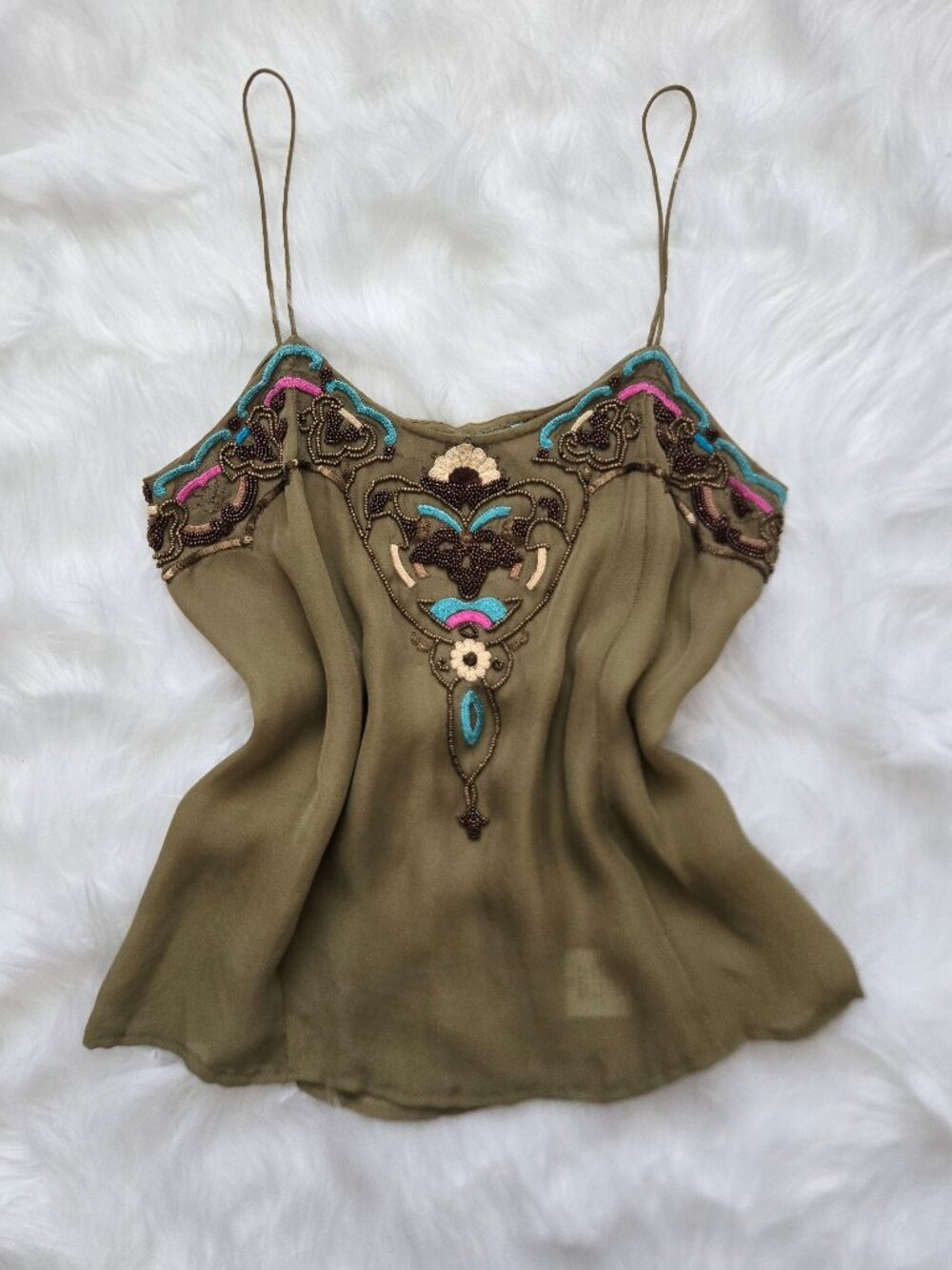 Matthew Williamson Beaded Green Sleeveless Tank‎ Top Size 8 Small